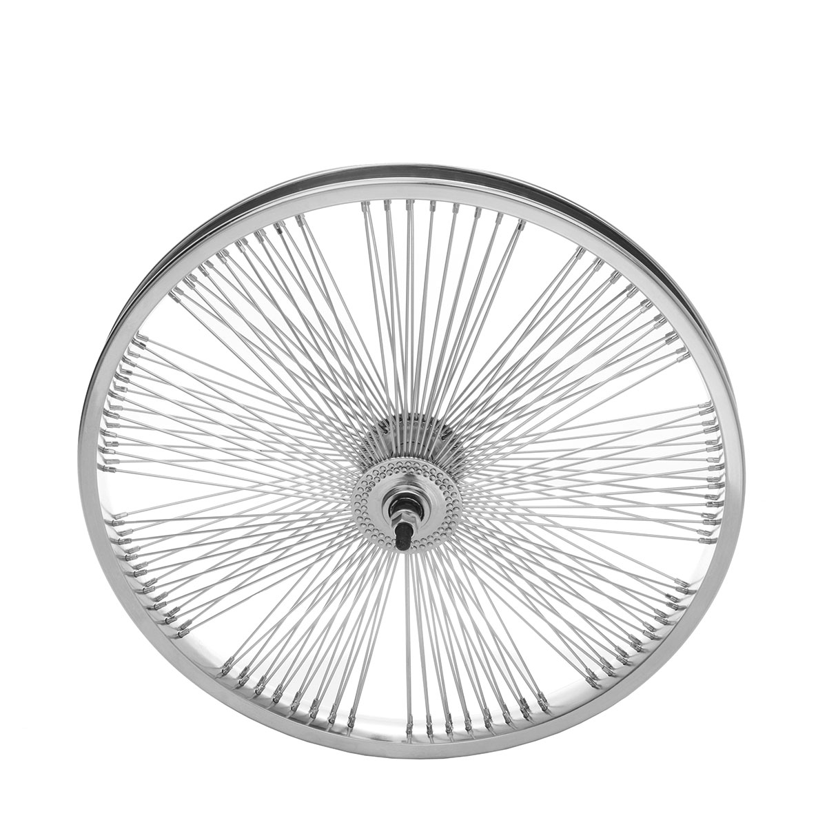 20 Inch x 32mm Fan Steel Front Wheel 144 Spoke 14G Chrome 3/8 Axle Single Wall Chrome.