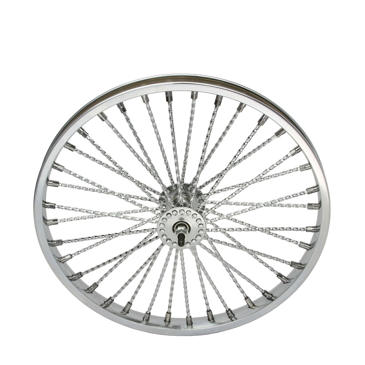 20 Inch x 32mm Steel Front Wheel Twisted 36 Spoke 8G Chrome 3/8 Axle Single Wall Chrome.