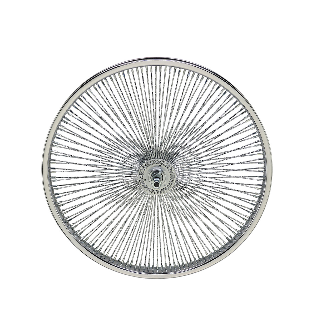 20 Inch x 32mm Steel Front Twisted Wheel 144 Spoke 14G Chrome 3/8 Axle Single Wall Chrome.
