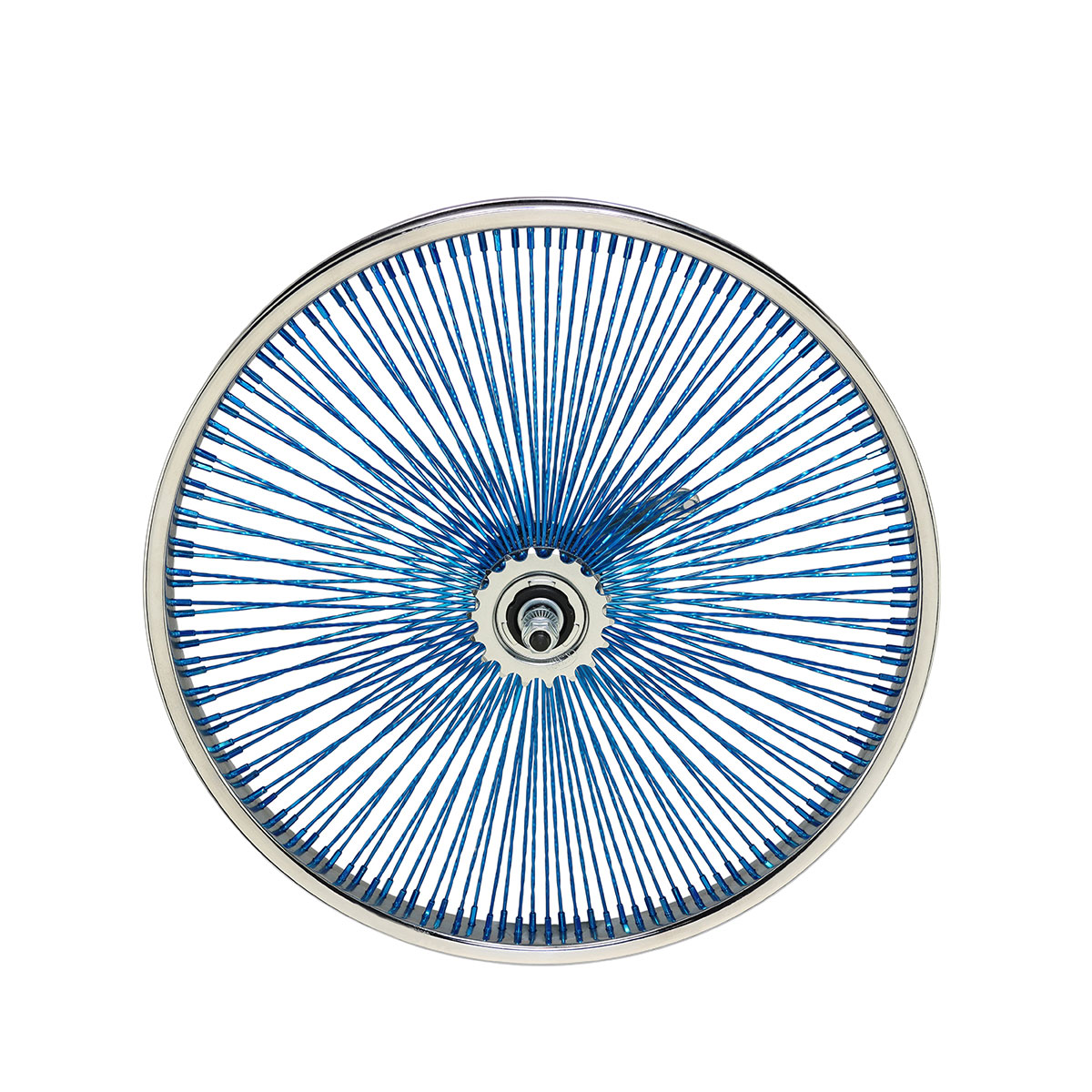 20 Inch x 32mm Steel Coaster Twisted Wheel 144 Spoke 14G Blue 3/8 Axle Single Wall Chrome/Blue.