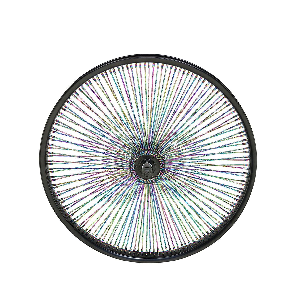 20 Inch x 32mm Steel Front Twisted Wheel 144 Spoke 14G Oil Slik 3/8 Axle Single Wall Black/Oil Slik.