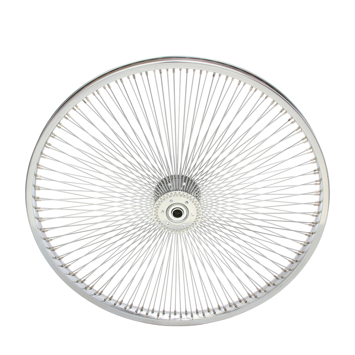 24 Inch x 32mm Hollow-Hub Steel Wheel 144 Spoke 14G Chrome Bearing 5/8idx1-3/8od Single Wall Chrome.