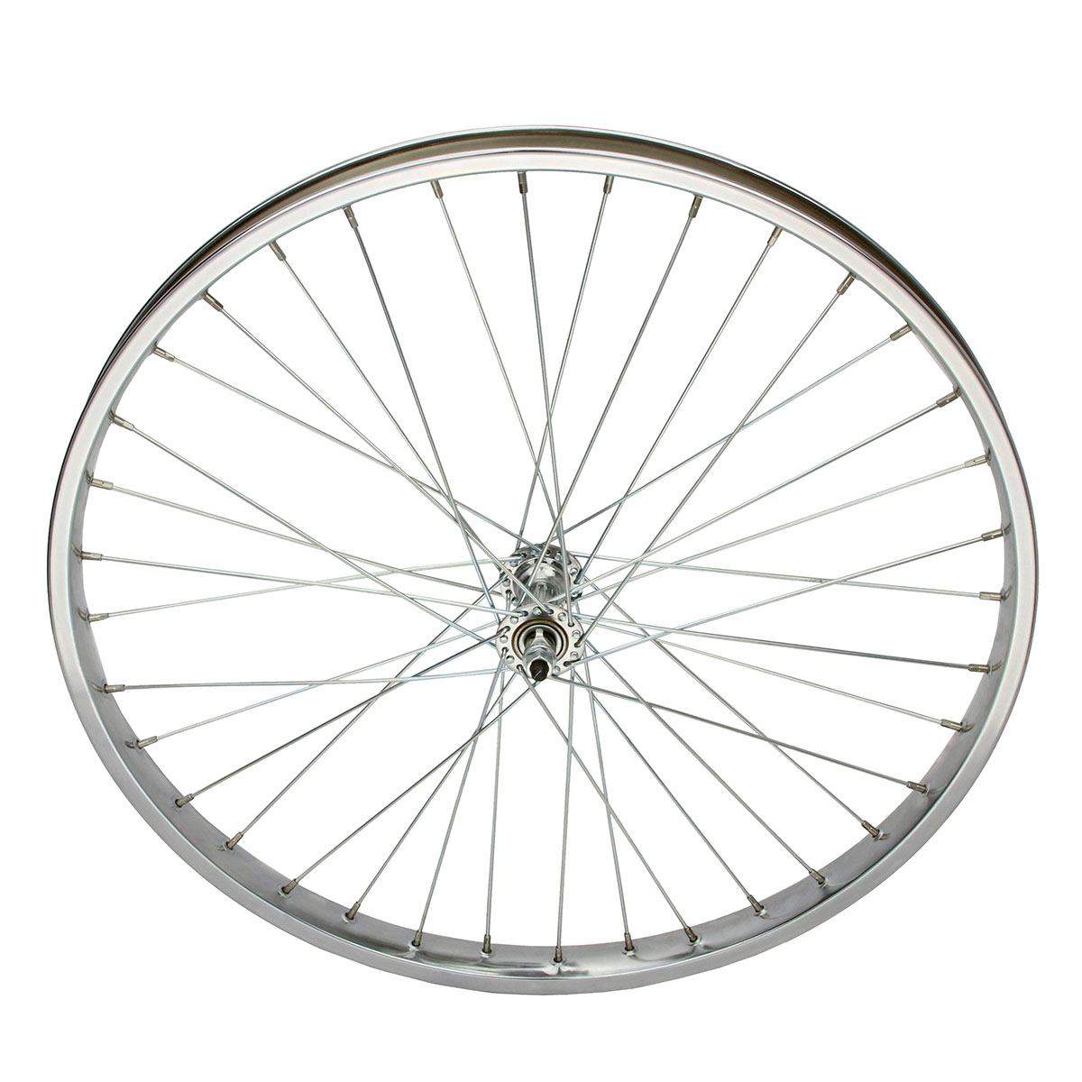 26 Inch x 38mm Steel Front Wheel 36 Spoke 12G Chrome 3/8 Axle Single Wall Chrome.