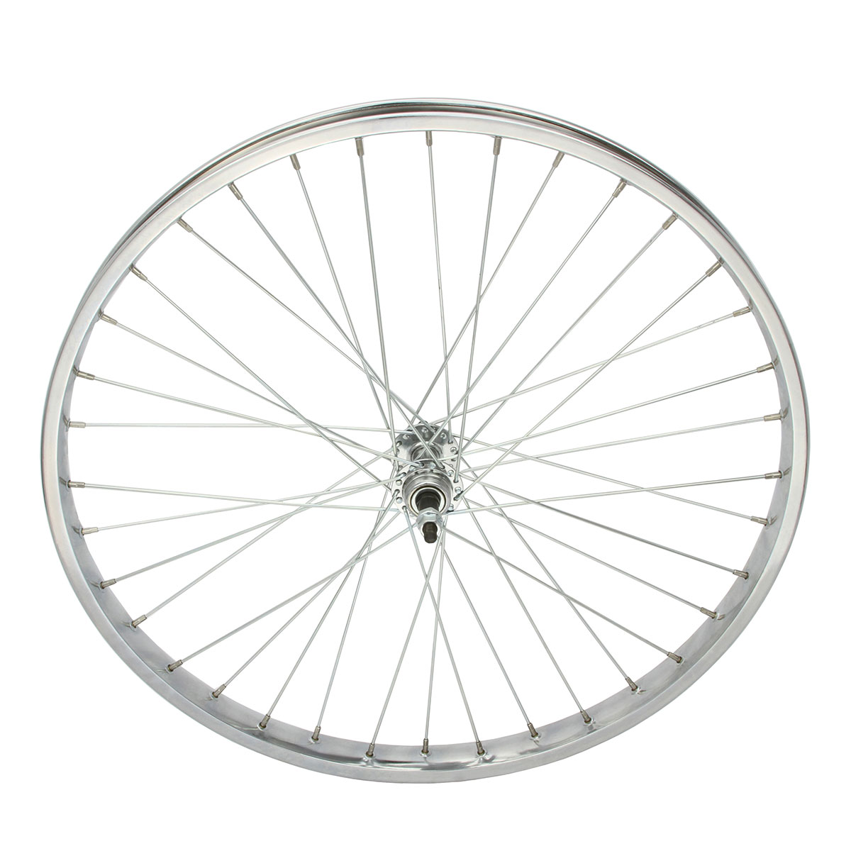 26 Inch x 38mm Steel Free Wheel 36 Spoke 12G Chrome 3/8 Axle Single Wall Chrome.