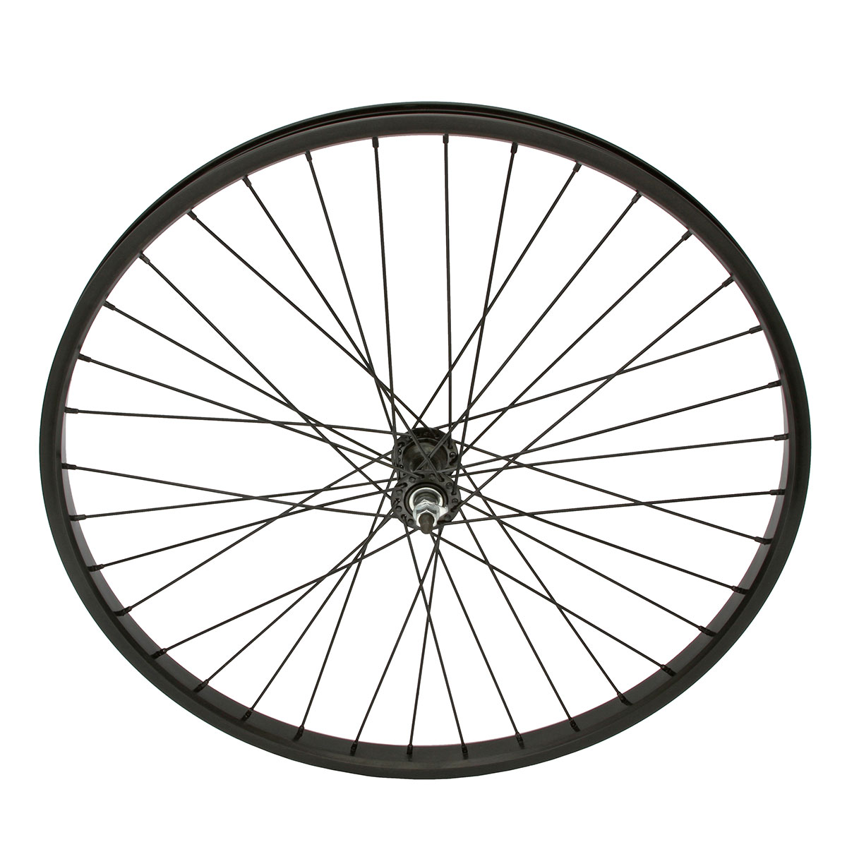 26 Inch x 32mm Alloy Front Wheel 36 Spoke 12G Black 3/8 Axle Single Wall Black.