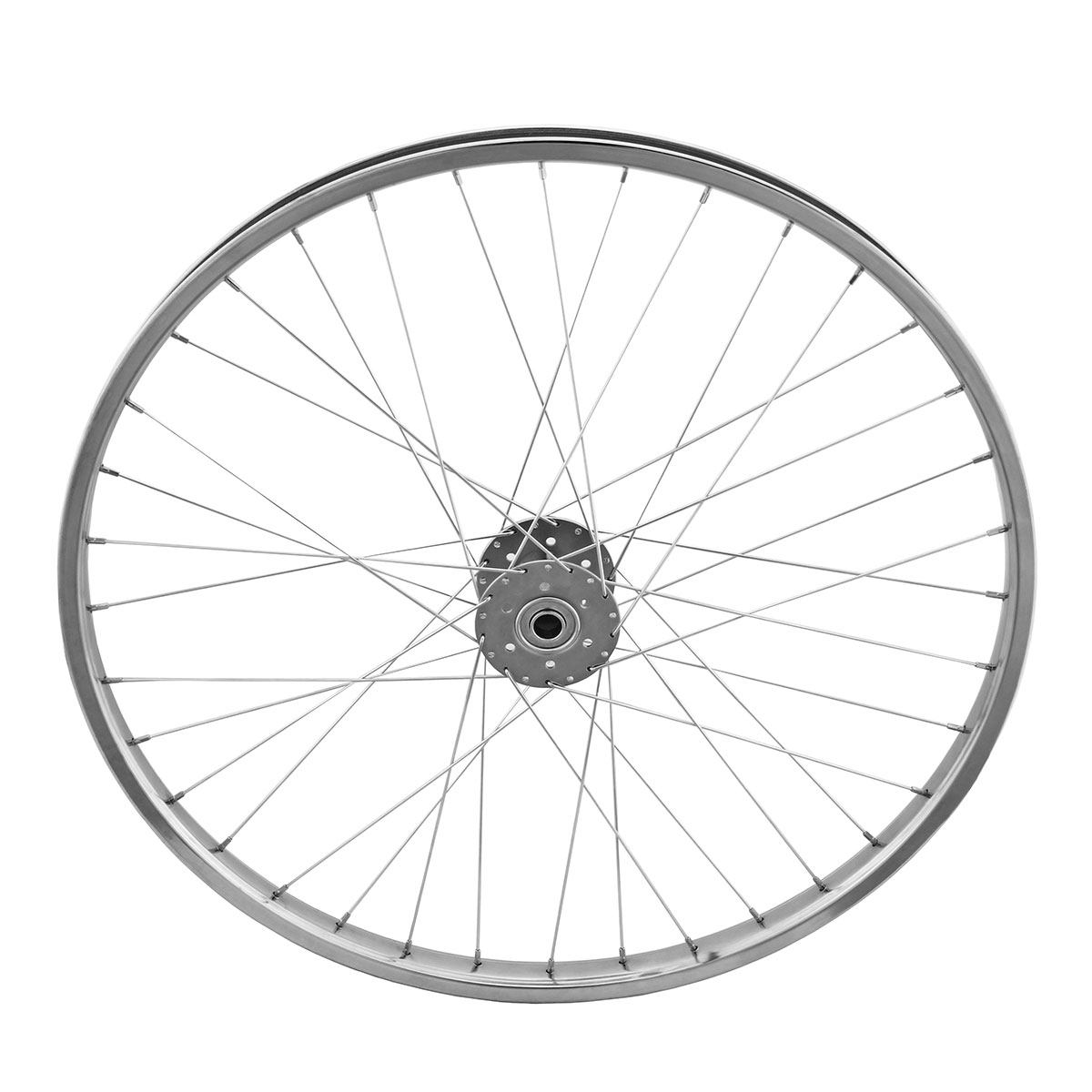 26 Inch x 32mm Hollow-Hub Steel Wheel 36 Spoke 14G Chrome Bearing 5/8idx1-3/8od Single Wall Chrome.