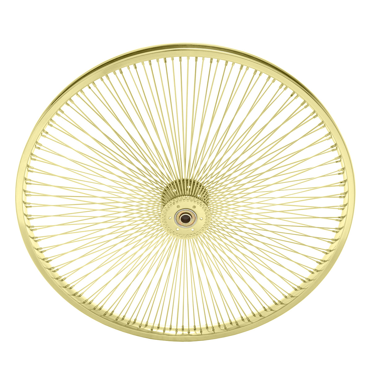 26 Inch x 32mm Hollow-Hub Steel Wheel 144 Spoke 14G Chrome Bearing 5/8idx1-3/8od Single Wall Gold.