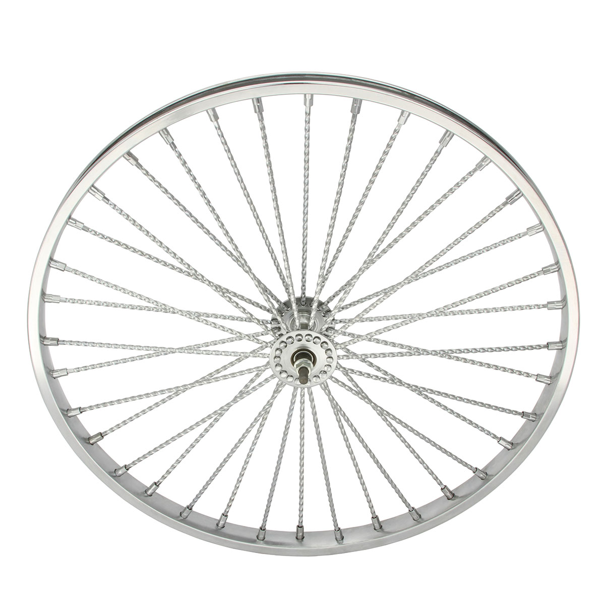 26 Inch x 32mm Steel Front Wheel Twisted 36 Spoke 8G Chrome 3/8 Axle Single Wall Chrome.