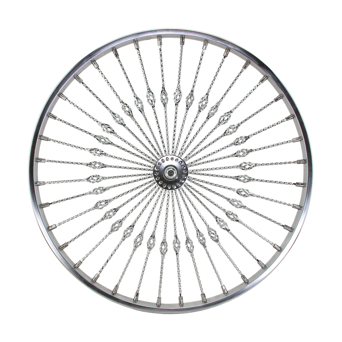 26 Inch x 32mm Steel Front Wheel Twisted Cage 36 Spoke 8G Chrome 3/8 Axle Single Wall Chrome.