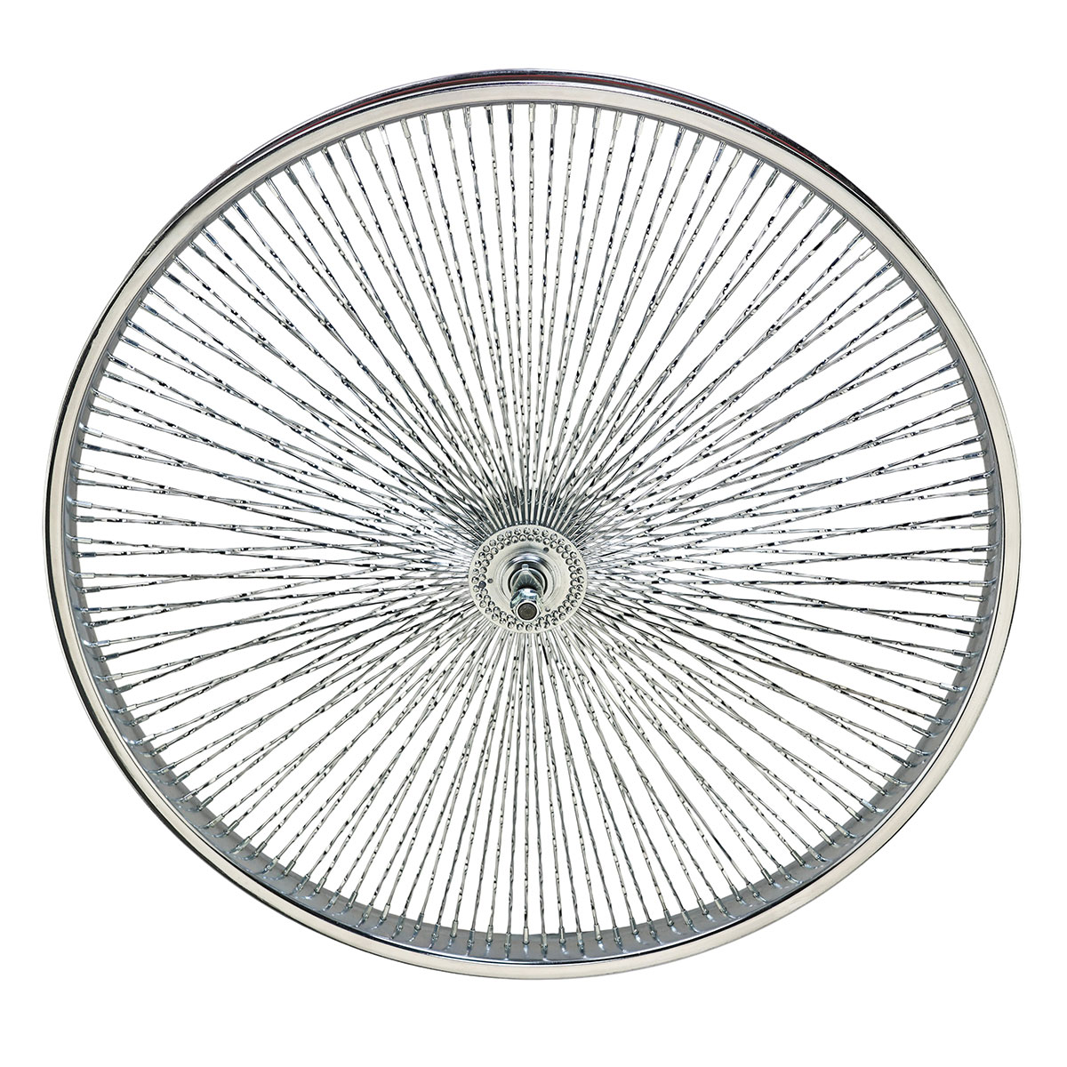 26 Inch x 38mm Steel Front Twisted Wheel 144 Spoke 14G Chrome 3/8 Axle Single Wall Chrome.